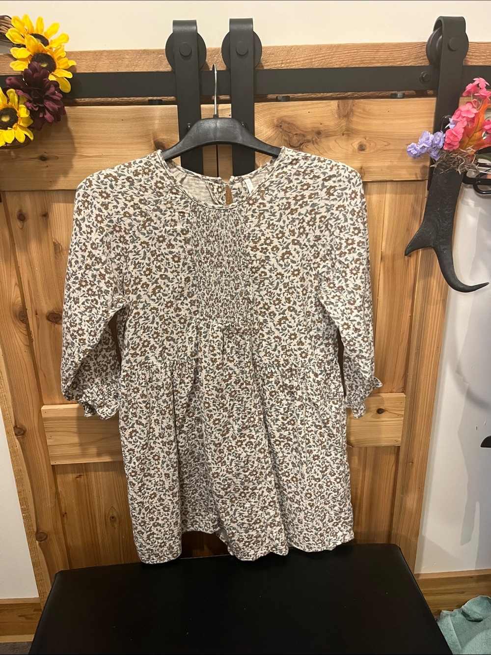 Rylee + Cru Cream and Brown Floral Long Sleeve Dress